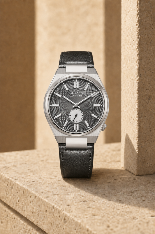 Citizen NK5010-01H grey dial automatic watch in a warm limestone setting