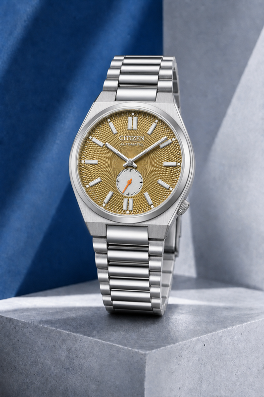 Citizen NK5010-51X gold dial automatic watch on a cool blue-grey stone display