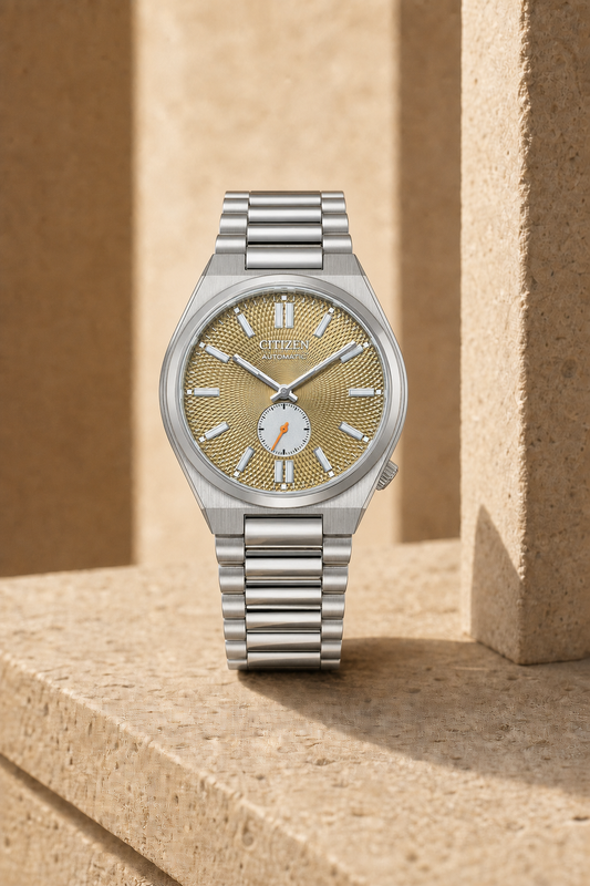 Citizen NK5010-51X gold dial automatic watch in a warm limestone setting