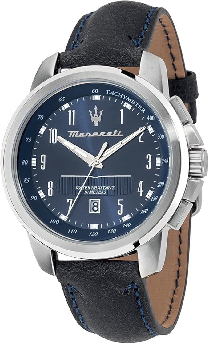 Maserati Successo Tachymeter Lederarmband Blaues Zifferblatt Quarz R8851121003 Herrenuhr