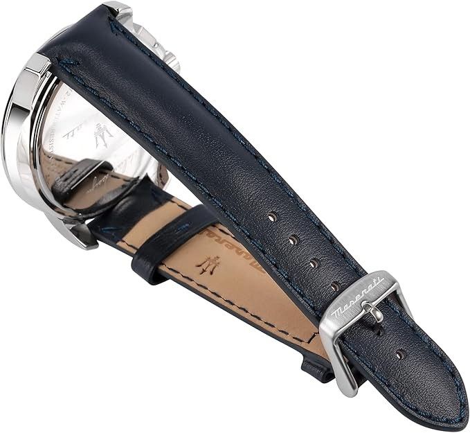 Maserati Successo Tachymeter lederen band blauwe wijzerplaat quartz R8851121003 herenhorloge