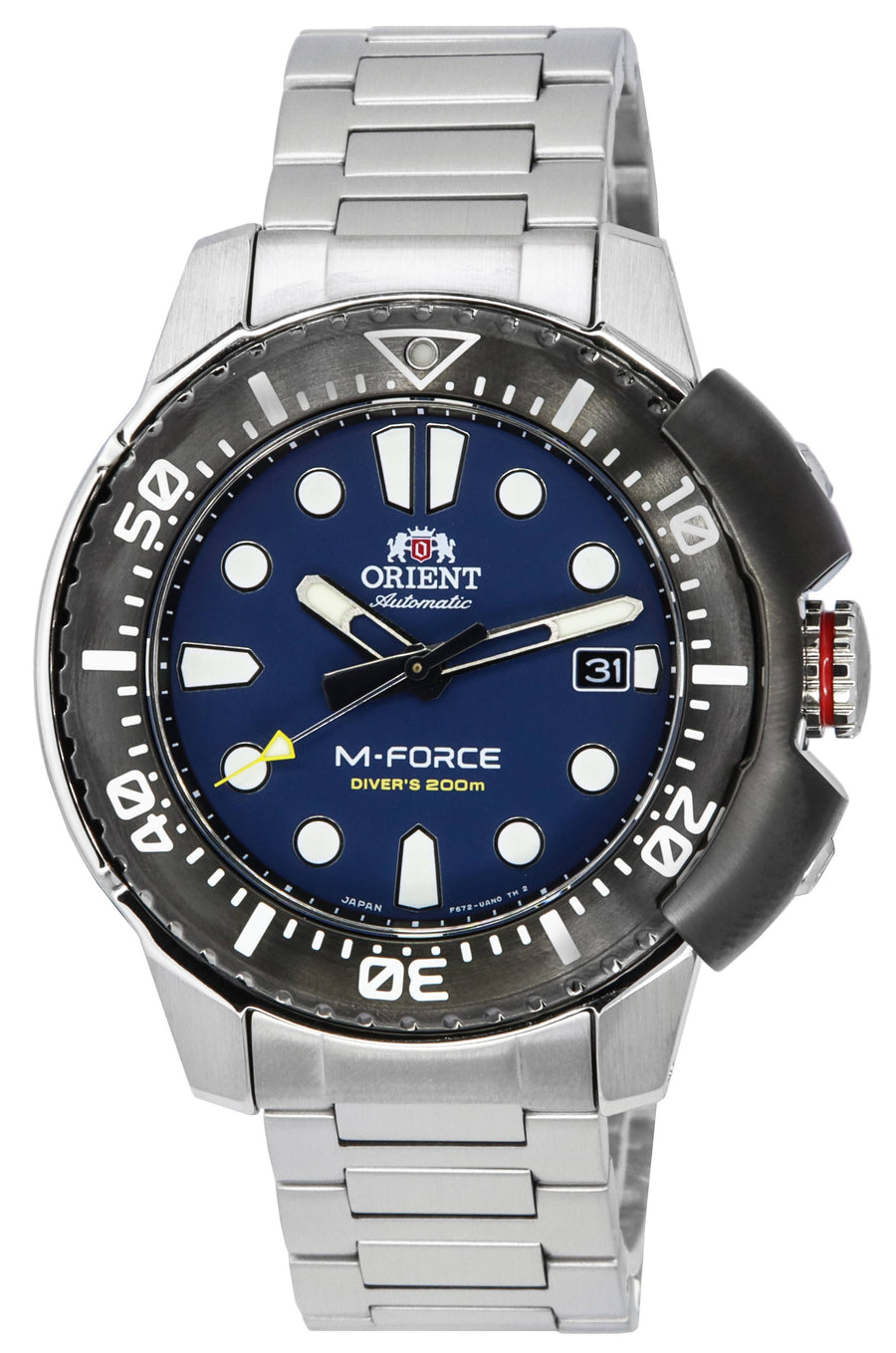 Orient M-Force AC0L Sports Automatische Taucheruhr aus Edelstahl mit blauem Zifferblatt RA-AC0L07L00B 200M Herrenuhr