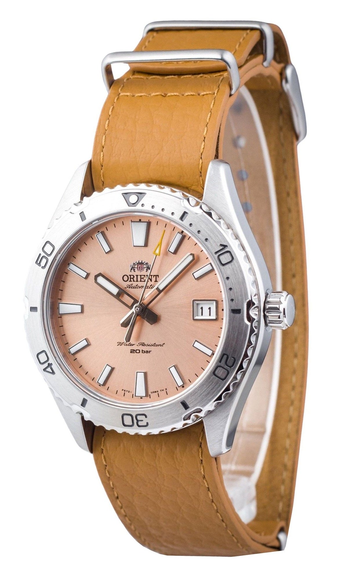 Orient Sports lederen band abrikozen wijzerplaat automatisch duikershorloge RA-AC0Q05P10B RA-AC0Q05P30B 200M herenhorloge