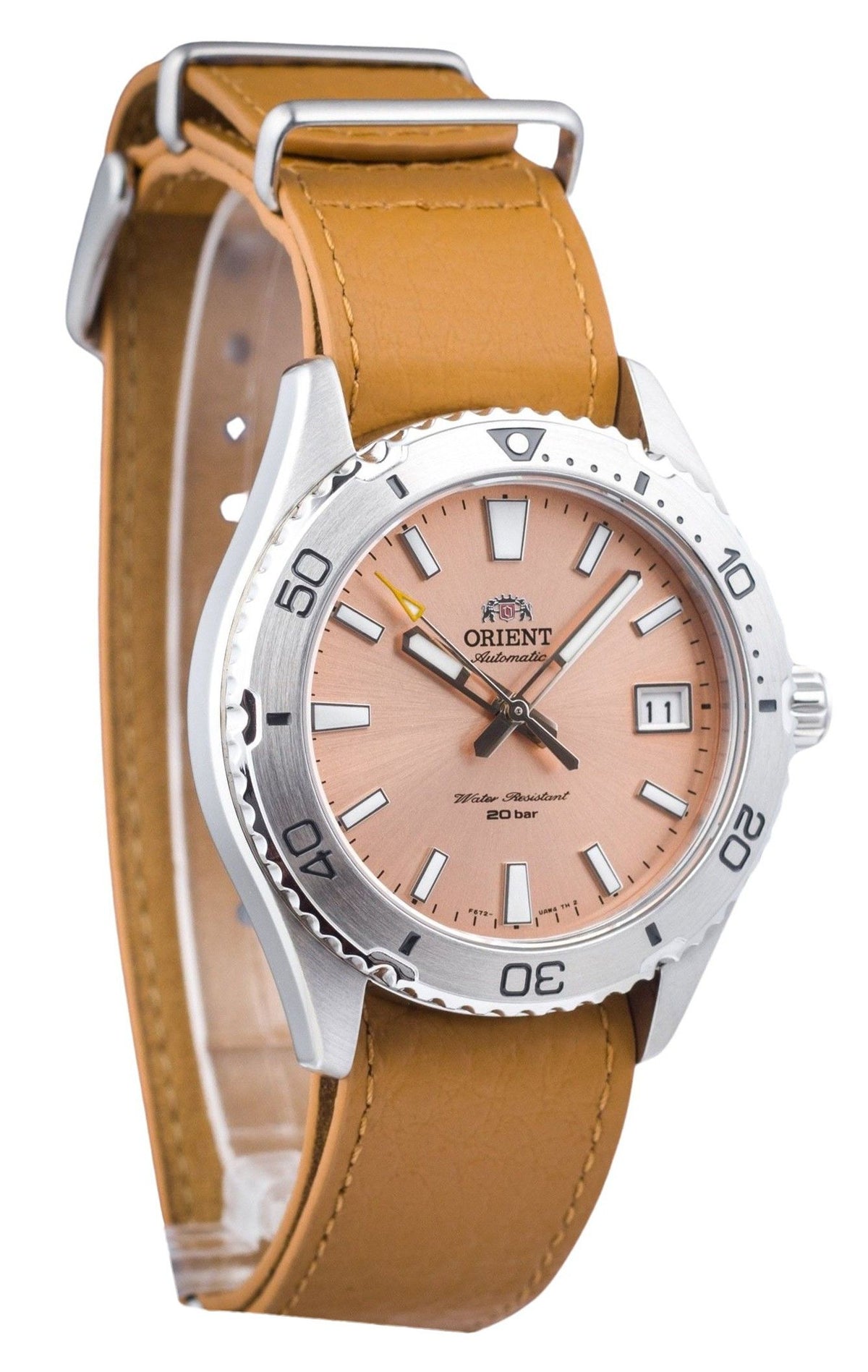 Orient Sports lederen band abrikozen wijzerplaat automatisch duikershorloge RA-AC0Q05P10B RA-AC0Q05P30B 200M herenhorloge