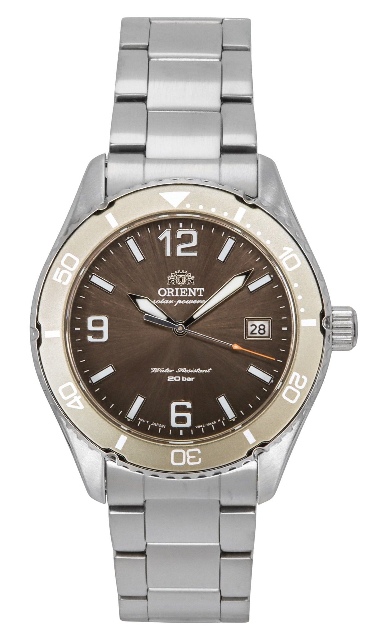 Orient Mako III roestvrijstalen bruine wijzerplaat zonneduiker RA-WJ0004Y 200M herenhorloge