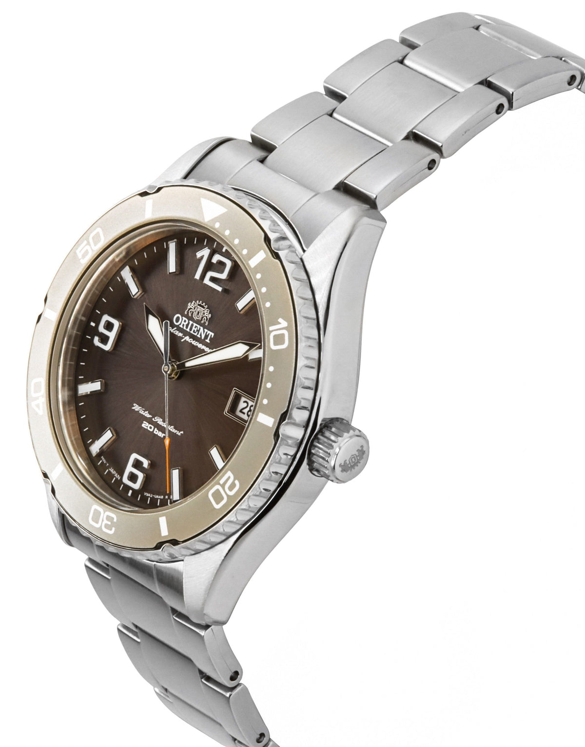 Orient Mako III roestvrijstalen bruine wijzerplaat zonneduiker RA-WJ0004Y 200M herenhorloge