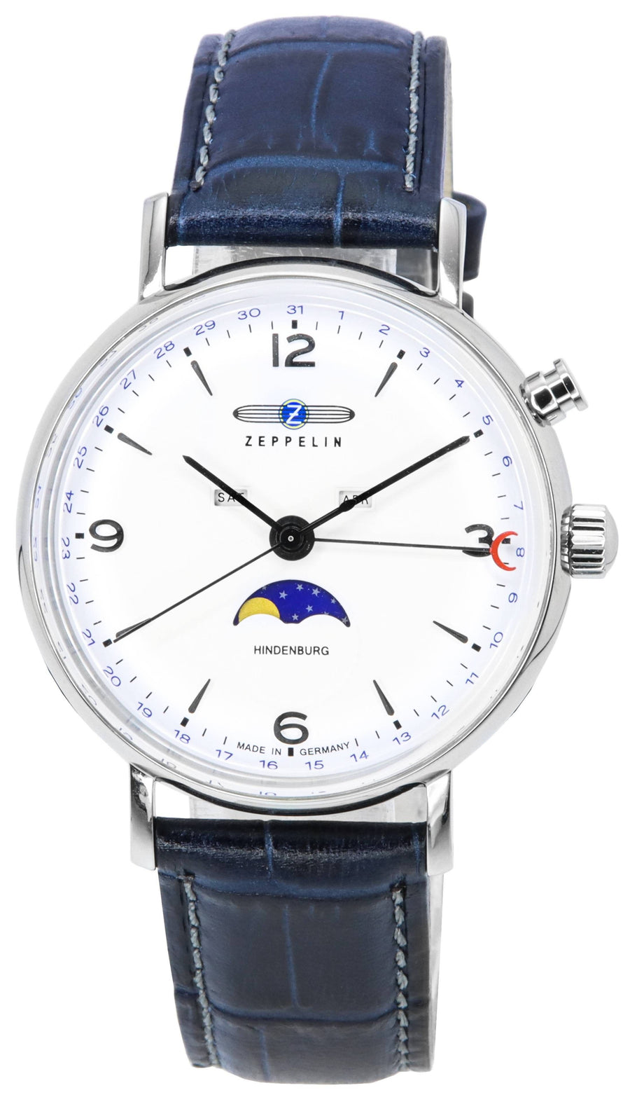 Generalüberholte Zeppelin LZ 129 Hindenburg Lederarmband Mondphase Weißes Zifferblatt Quarz 80761 Herrenuhr