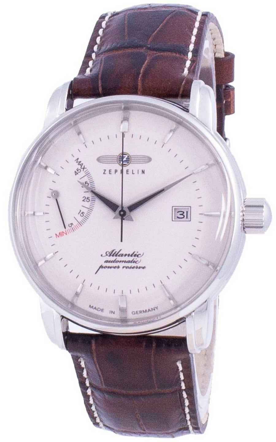 Generalüberholte Zeppelin Atlantic Herrenuhr mit weißem Zifferblatt, Lederarmband, Automatikwerk, 8462-5 84625