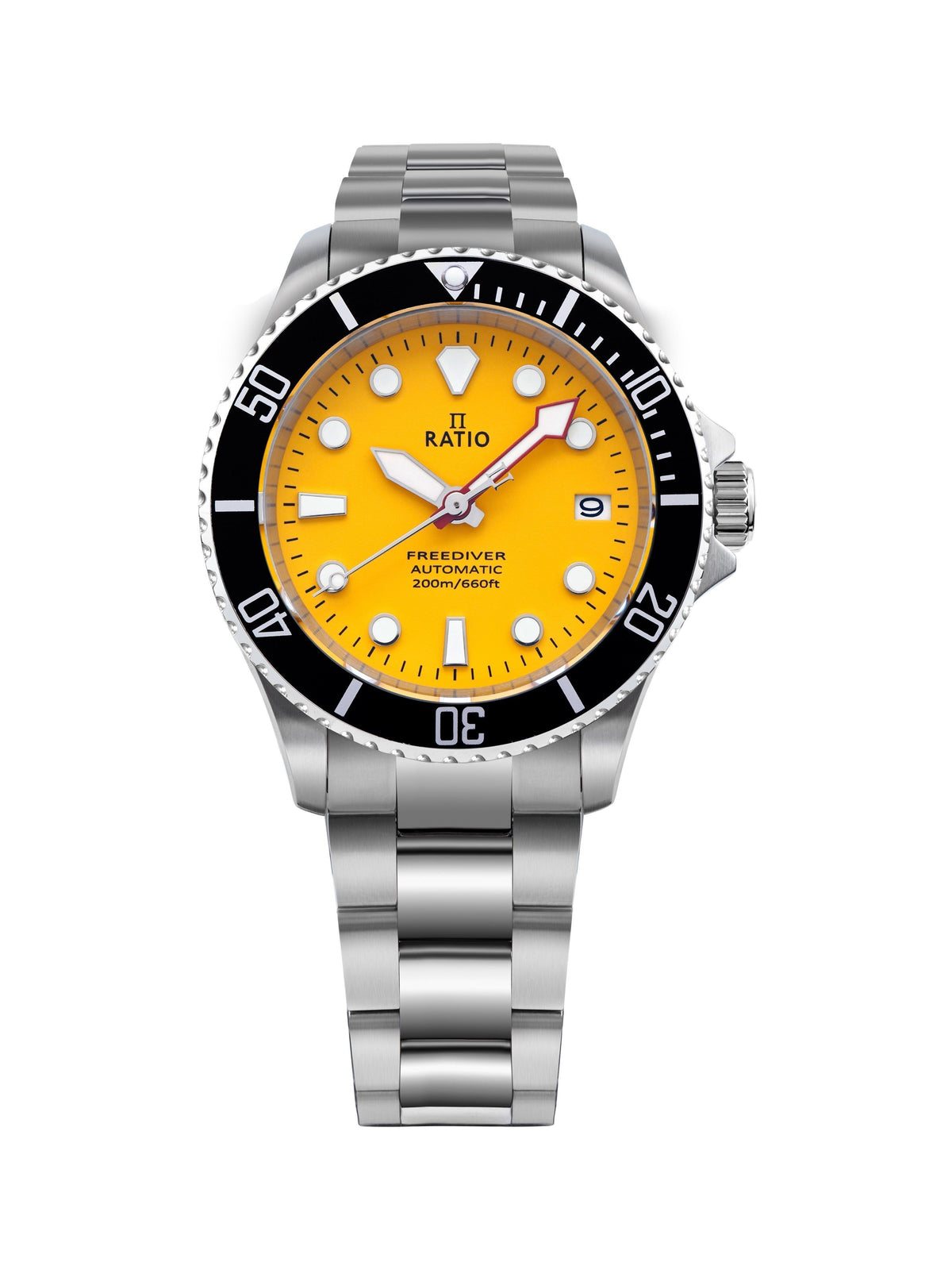 Ratio FreeDiver saffier roestvrij staal gele wijzerplaat automatisch RTF044 200M herenhorloge