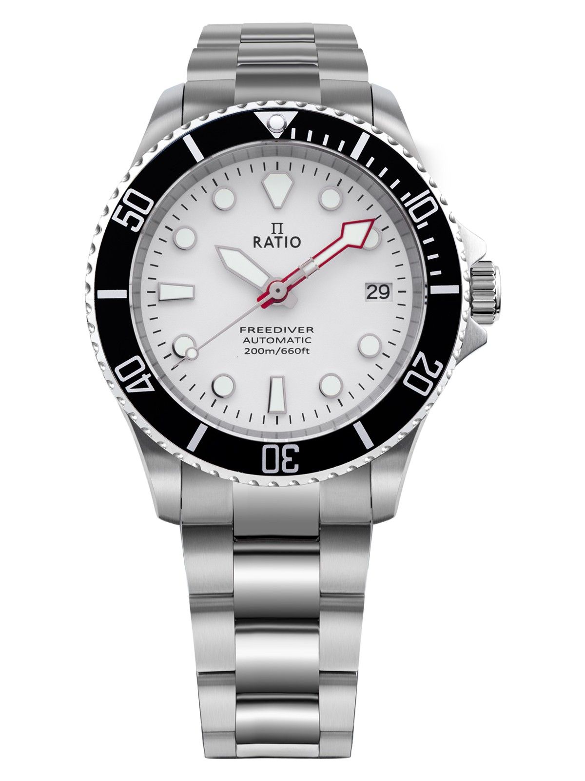 Ratio FreeDiver saffier roestvrij staal witte wijzerplaat automatisch RTF047 200M herenhorloge