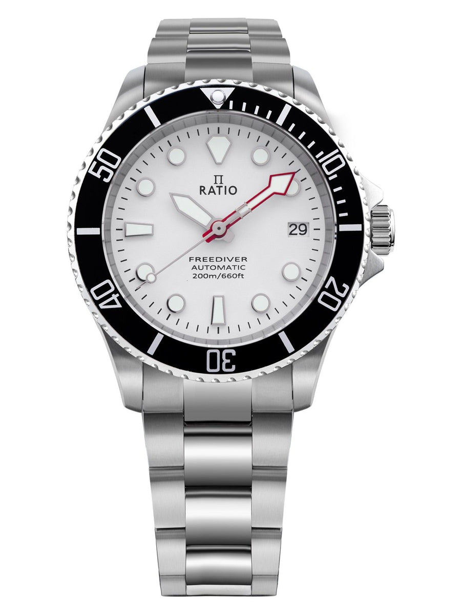 Ratio FreeDiver Saphir Edelstahl Weißes Zifferblatt Automatik RTF047 200M Herrenuhr