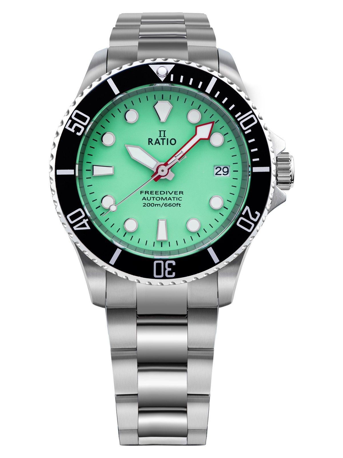 Ratio FreeDiver saffier roestvrij staal groene wijzerplaat automatisch RTF049 200M herenhorloge