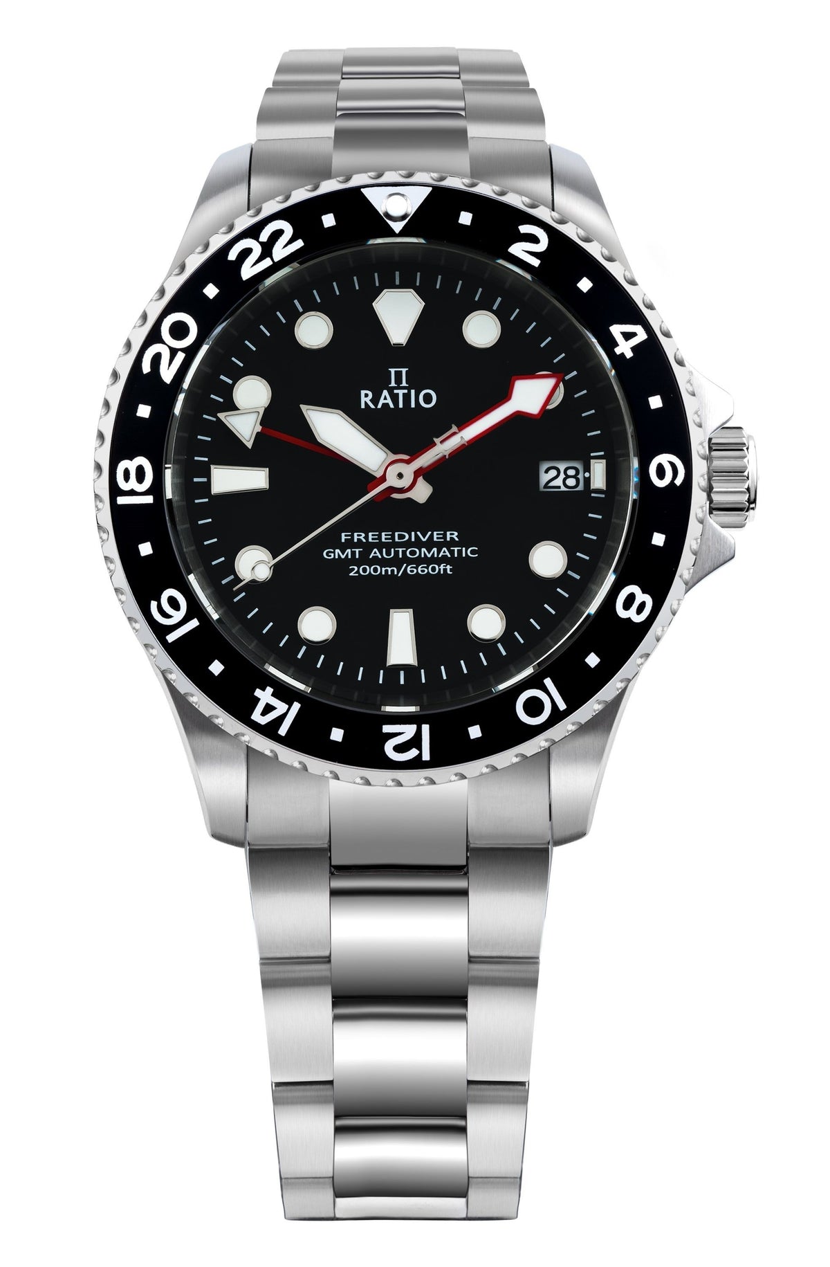 Ratio FreeDiver GMT-serie saffier roestvrij staal zwarte wijzerplaat automatisch RTF051 200M herenhorloge