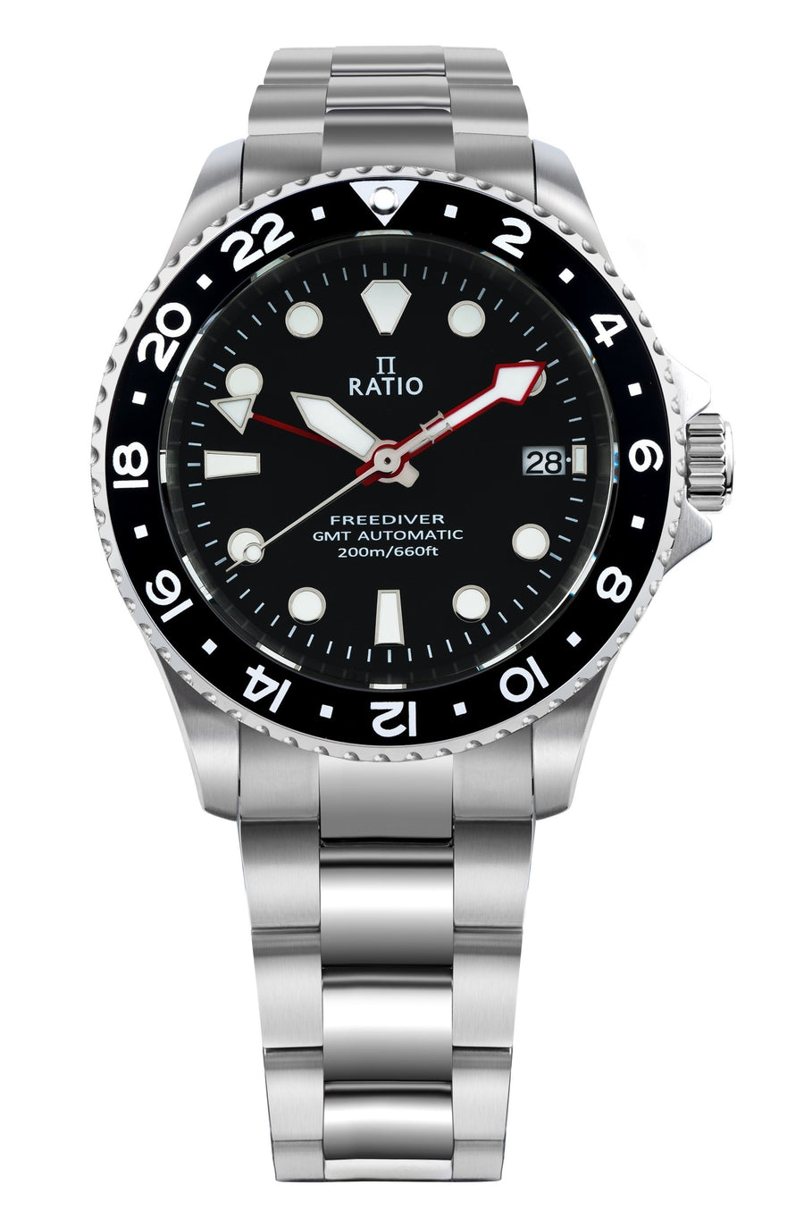 Ratio FreeDiver GMT Series Saphir Edelstahl Schwarzes Zifferblatt Automatik RTF051 200M Herrenuhr