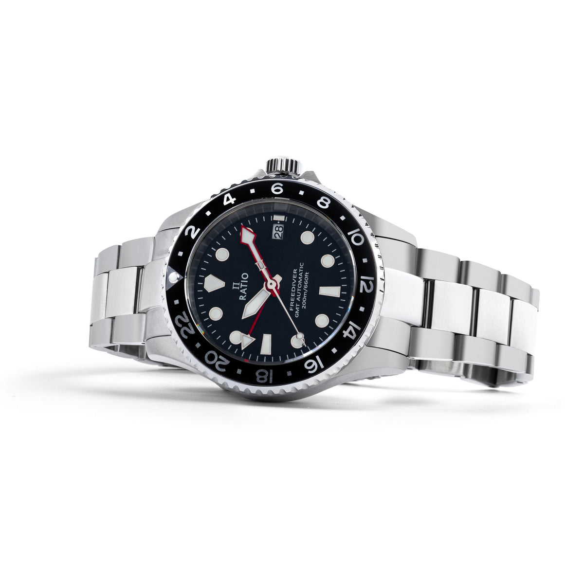 Ratio FreeDiver GMT-serie saffier roestvrij staal zwarte wijzerplaat automatisch RTF051 200M herenhorloge