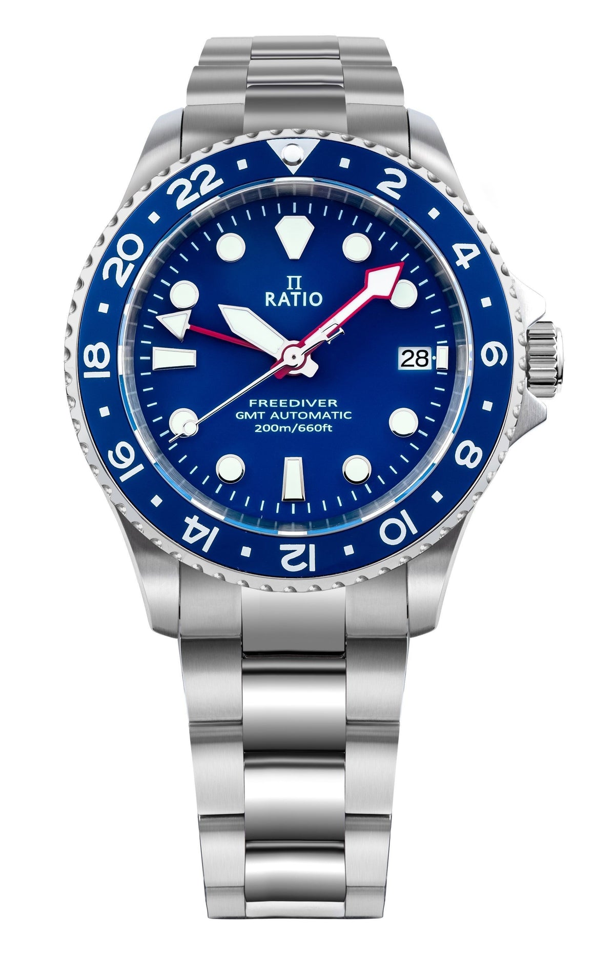 Ratio FreeDiver GMT-serie saffier roestvrij staal blauwe wijzerplaat automatisch RTF053 200M herenhorloge