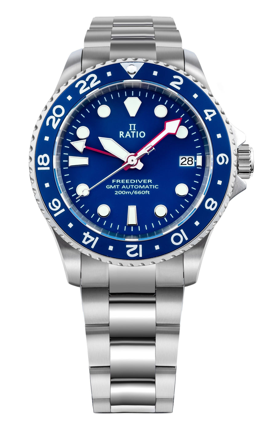 Ratio FreeDiver GMT Serie Saphir Edelstahl Blaues Zifferblatt Automatik RTF053 200M Herrenuhr