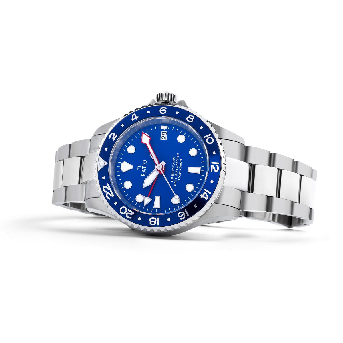 Ratio FreeDiver GMT-serie saffier roestvrij staal blauwe wijzerplaat automatisch RTF053 200M herenhorloge