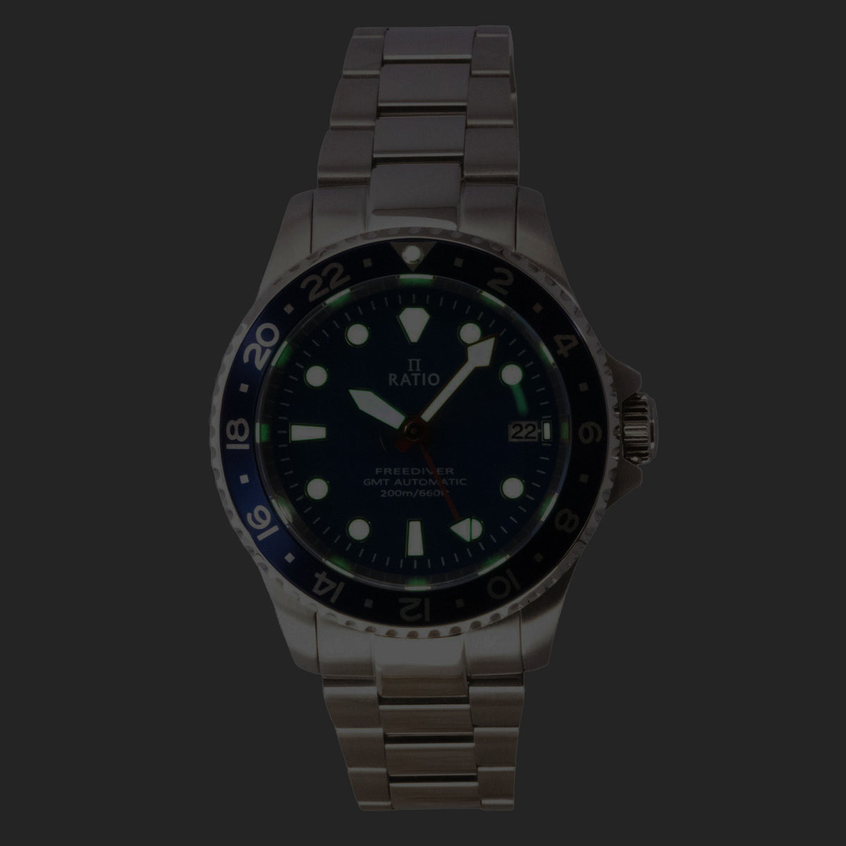 Ratio FreeDiver GMT-serie saffier roestvrij staal blauwe wijzerplaat automatisch RTF053 200M herenhorloge