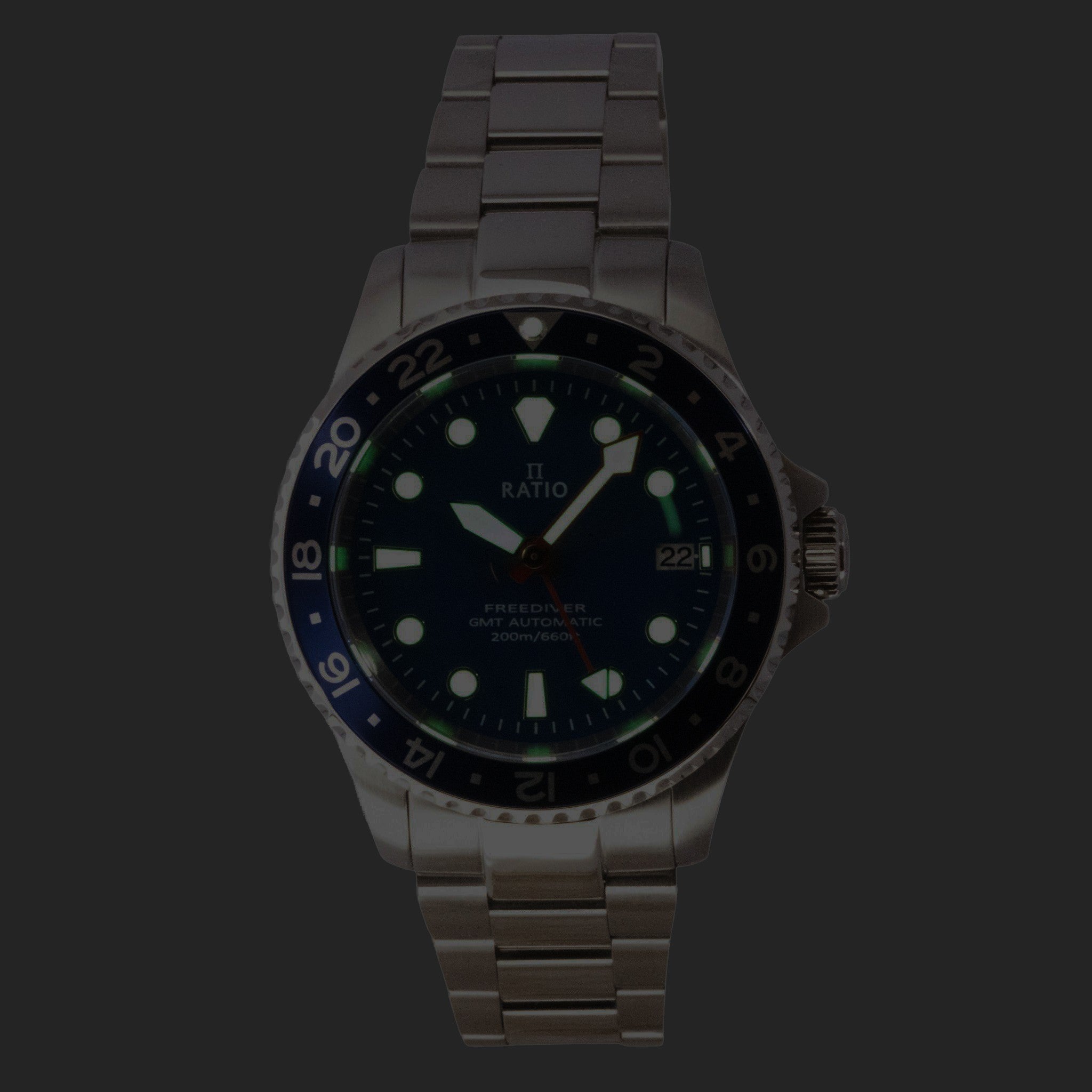 Ratio FreeDiver GMT Series Sapphire Stainless Steel Blue Dial Automatic RTF053 200M Men's Watch