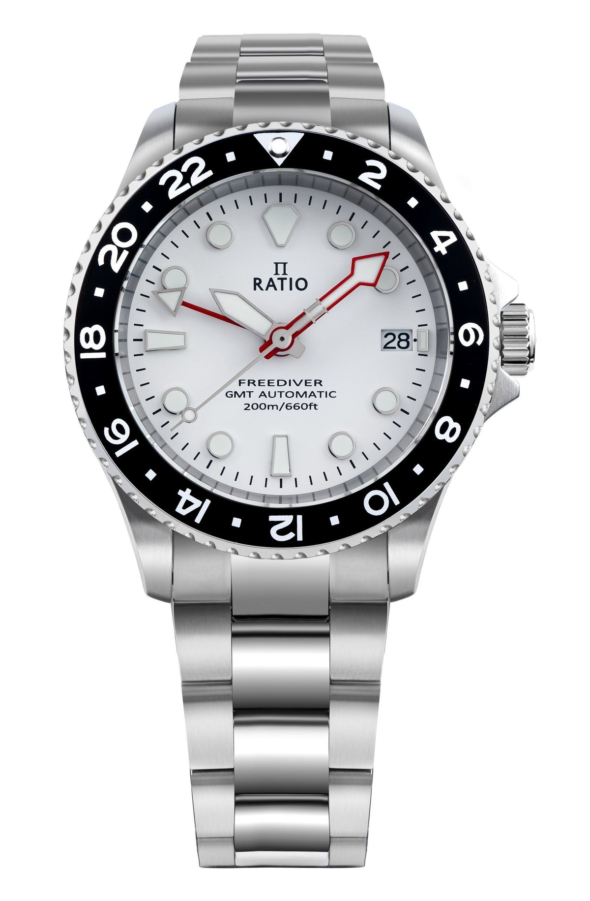 Ratio FreeDiver GMT-serie saffier roestvrij staal witte wijzerplaat automatisch RTF057 200M herenhorloge