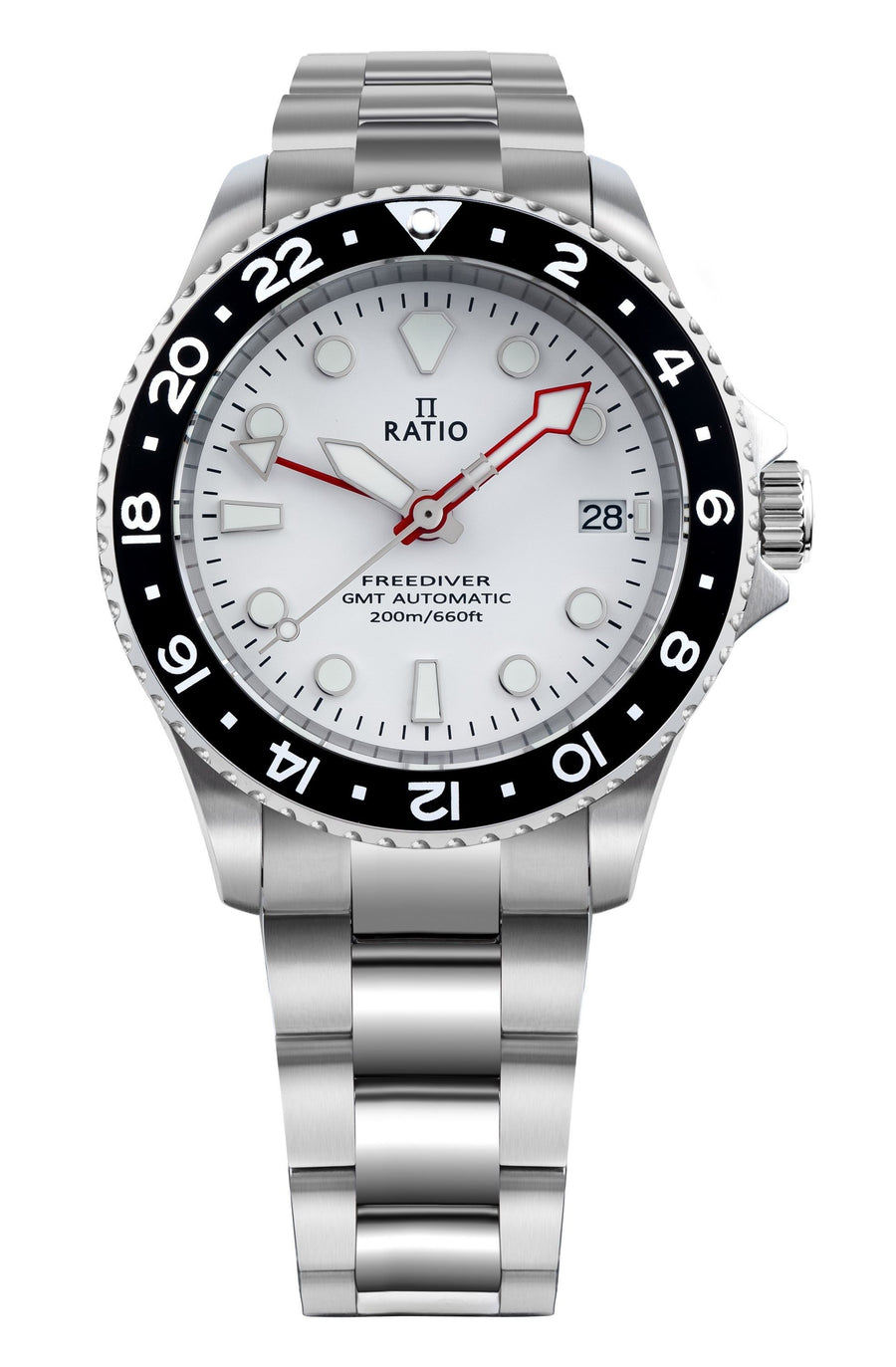 Ratio FreeDiver GMT Series Saphir Edelstahl Weißes Zifferblatt Automatik RTF057 200M Herrenuhr