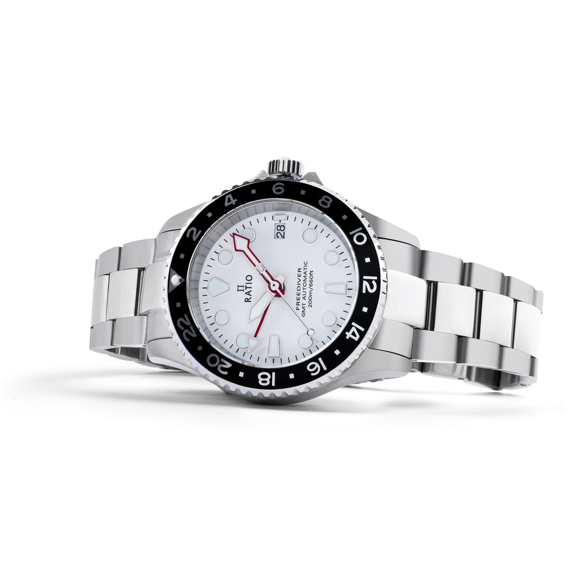 Ratio FreeDiver GMT-serie saffier roestvrij staal witte wijzerplaat automatisch RTF057 200M herenhorloge