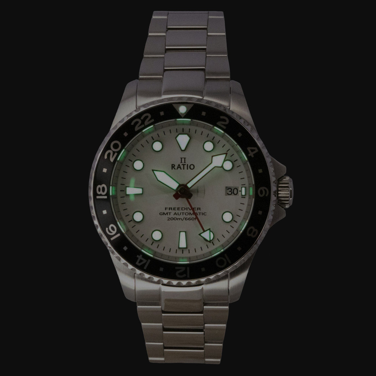 Ratio FreeDiver GMT-serie saffier roestvrij staal witte wijzerplaat automatisch RTF057 200M herenhorloge
