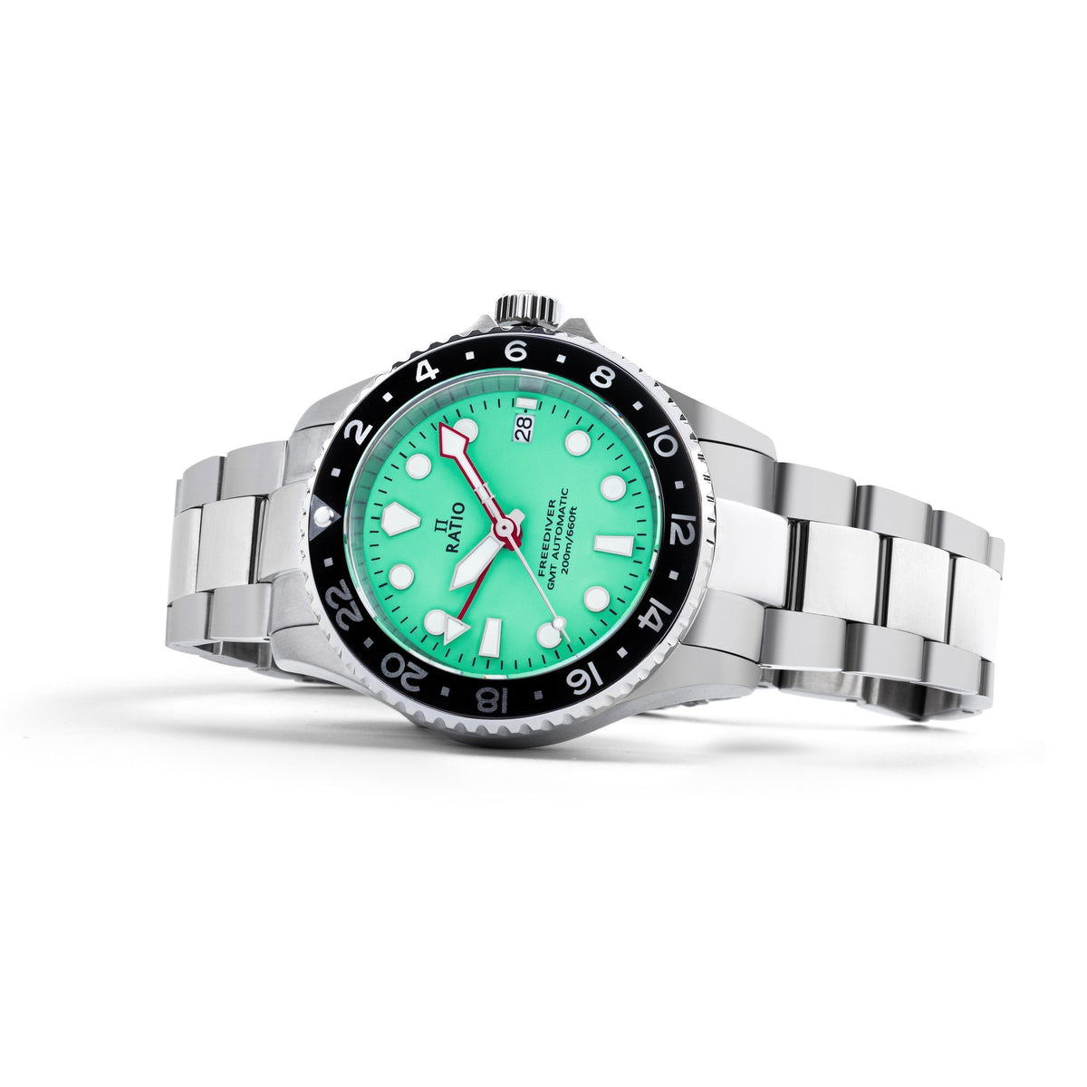 Ratio FreeDiver GMT-serie saffier roestvrij staal groene wijzerplaat automatisch RTF059 200M herenhorloge
