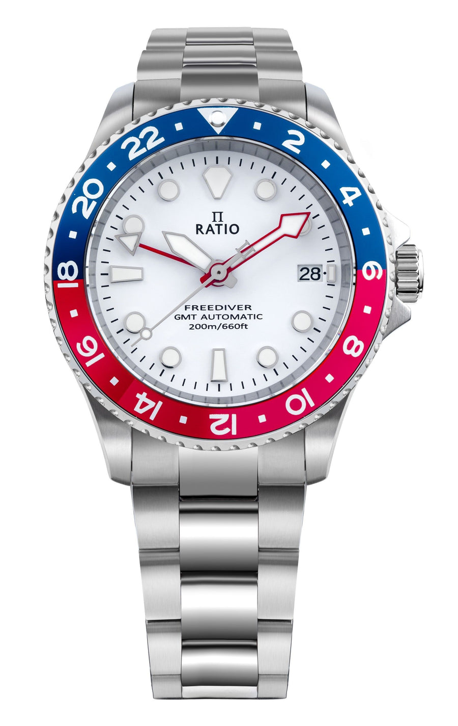 Ratio FreeDiver GMT Series Saphir Edelstahl Weißes Zifferblatt Blau Rot Pepsi Lünette Automatik RTF061 200M Herrenuhr