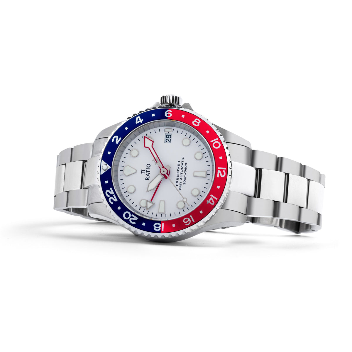Ratio FreeDiver GMT-serie Saffier roestvrij staal Witte wijzerplaat Blauw Rood Pepsi Bezel Automatisch RTF061 200M Herenhorloge