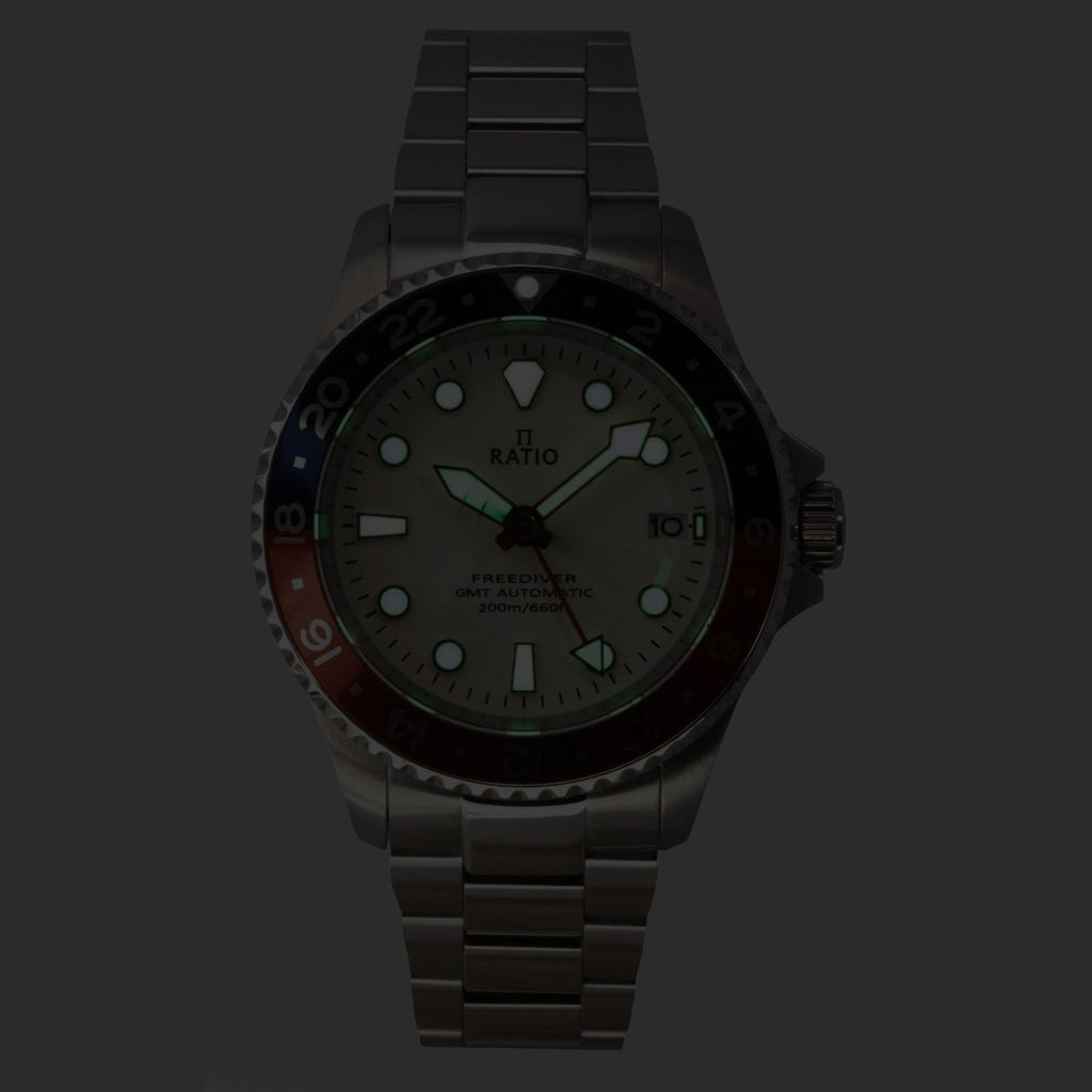 Ratio FreeDiver GMT Series Sapphire Stainless Steel White Dial Blue Red Pepsi Bezel Automatic RTF061 200M Men's Watch
