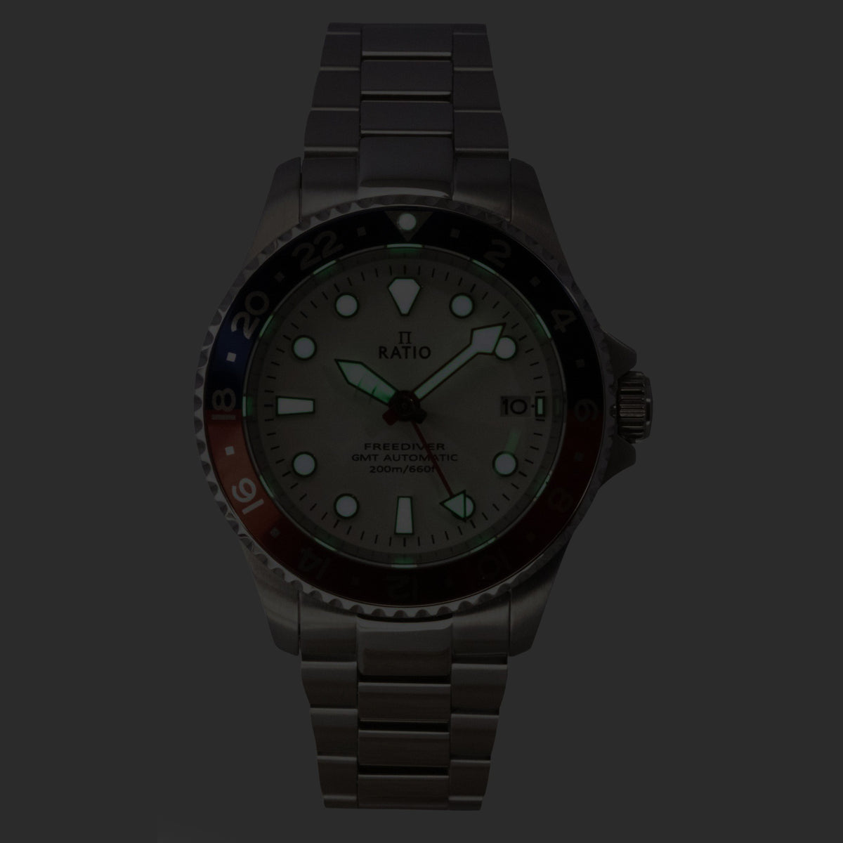Ratio FreeDiver GMT-serie Saffier roestvrij staal Witte wijzerplaat Blauw Rood Pepsi Bezel Automatisch RTF061 200M Herenhorloge