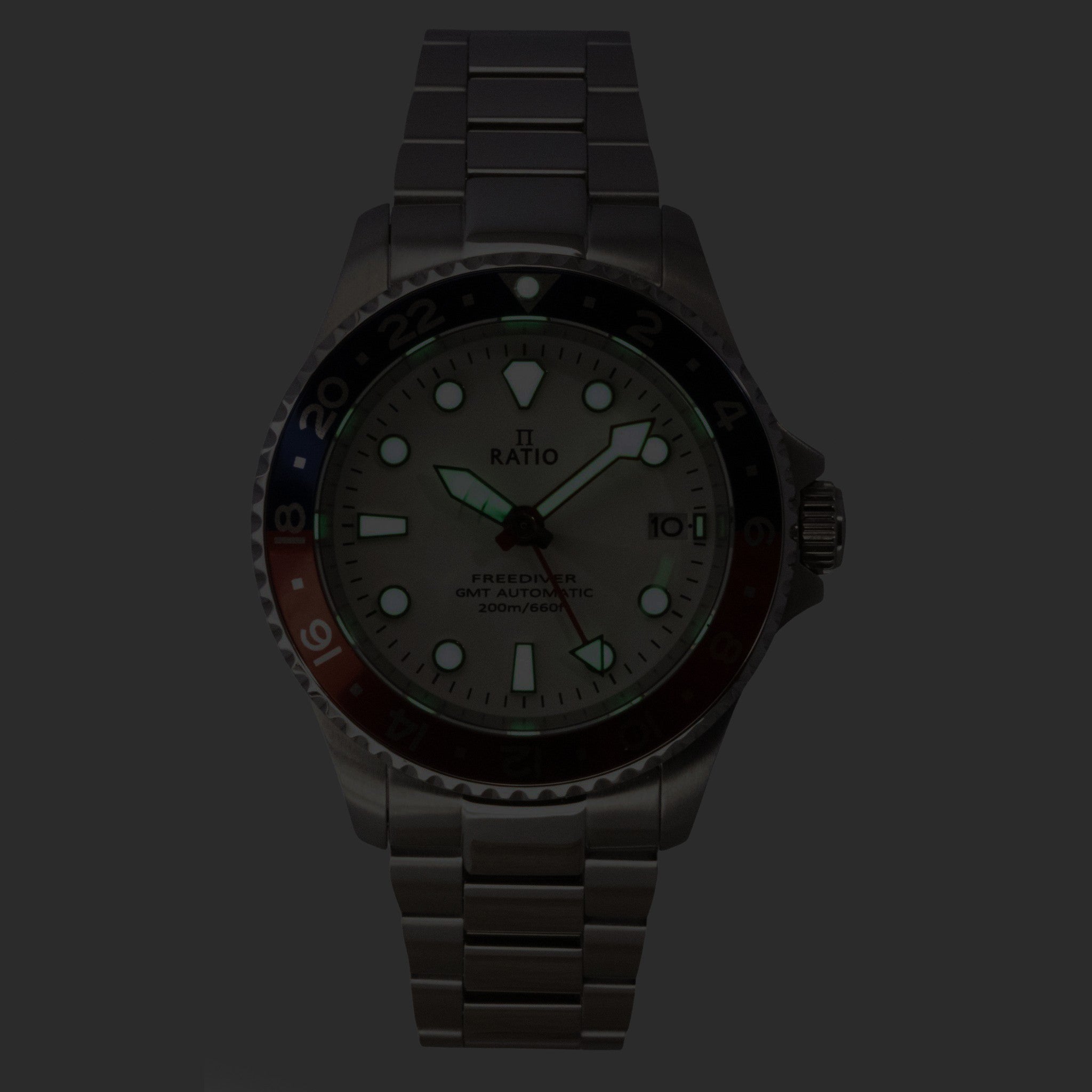 Ratio FreeDiver GMT Series Sapphire Stainless Steel White Dial Blue Red Pepsi Bezel Automatic RTF061 200M Men's Watch