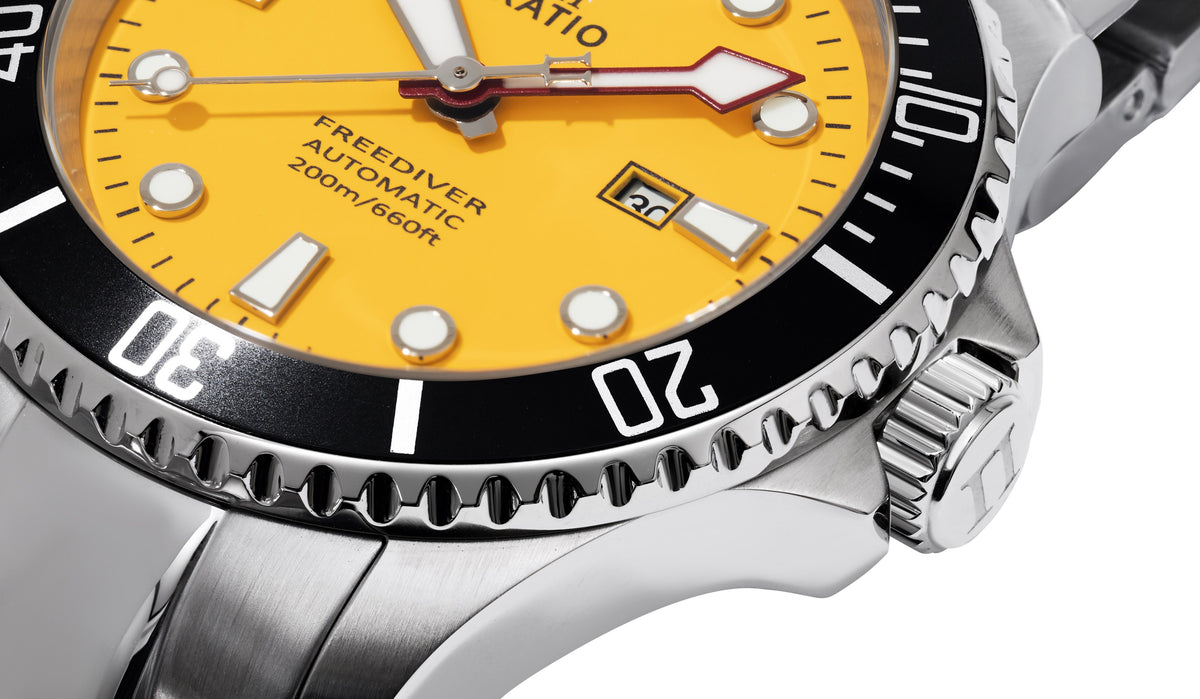 Ratio FreeDiver saffier roestvrij staal gele wijzerplaat automatisch RTFL834 200M dameshorloge