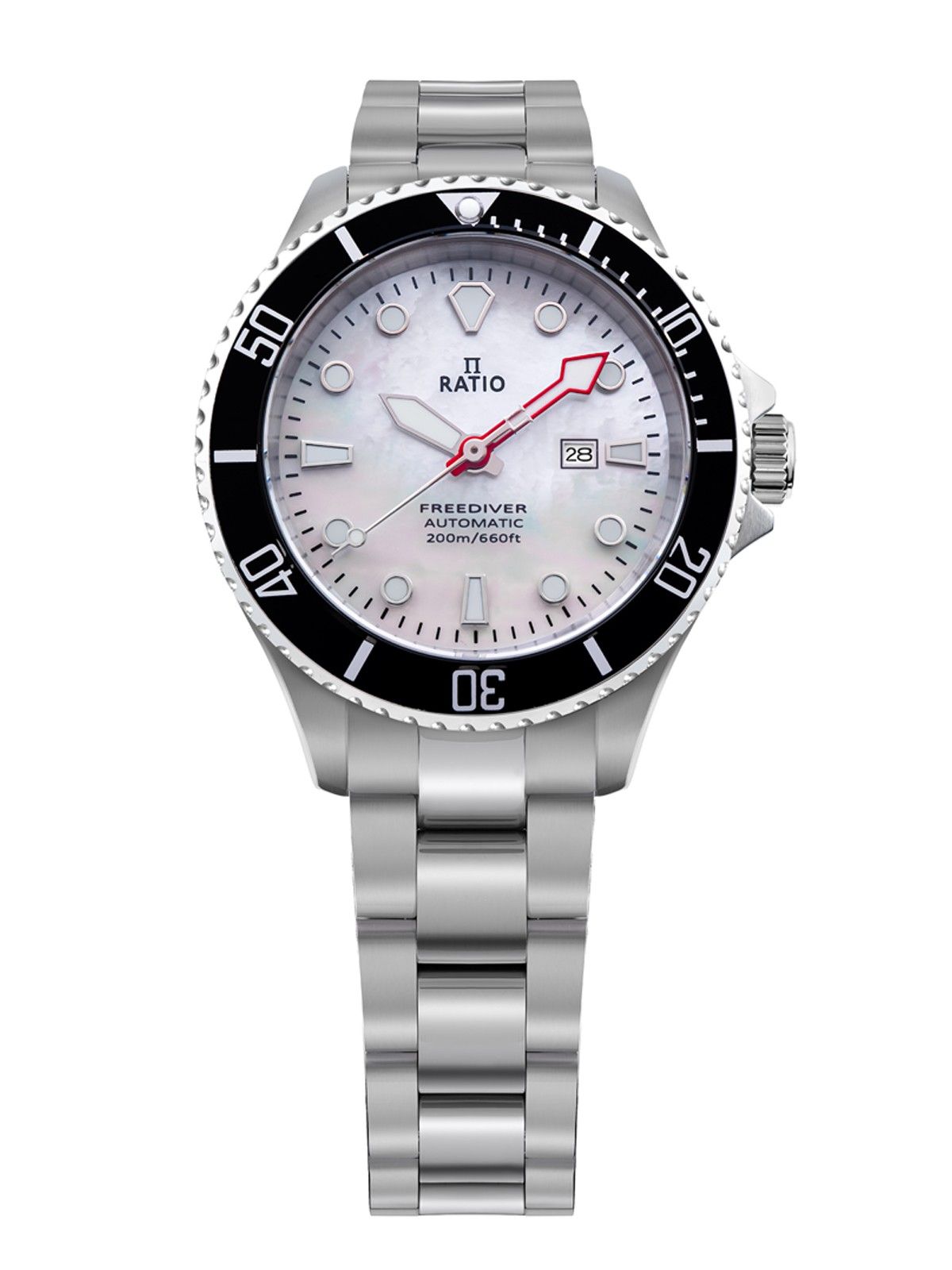 Ratio FreeDiver saffier roestvrij staal witte parelmoer wijzerplaat automatisch RTFL841 200M dameshorloge