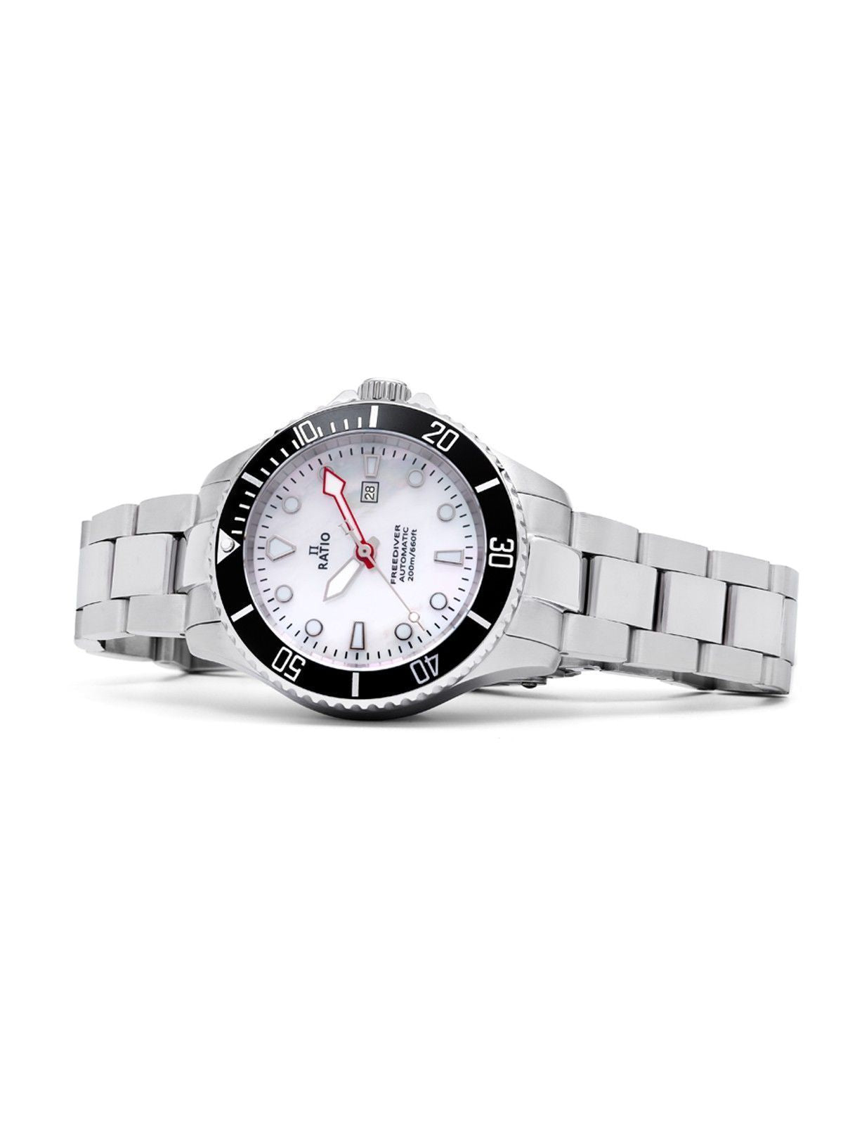 Ratio FreeDiver saffier roestvrij staal witte parelmoer wijzerplaat automatisch RTFL841 200M dameshorloge