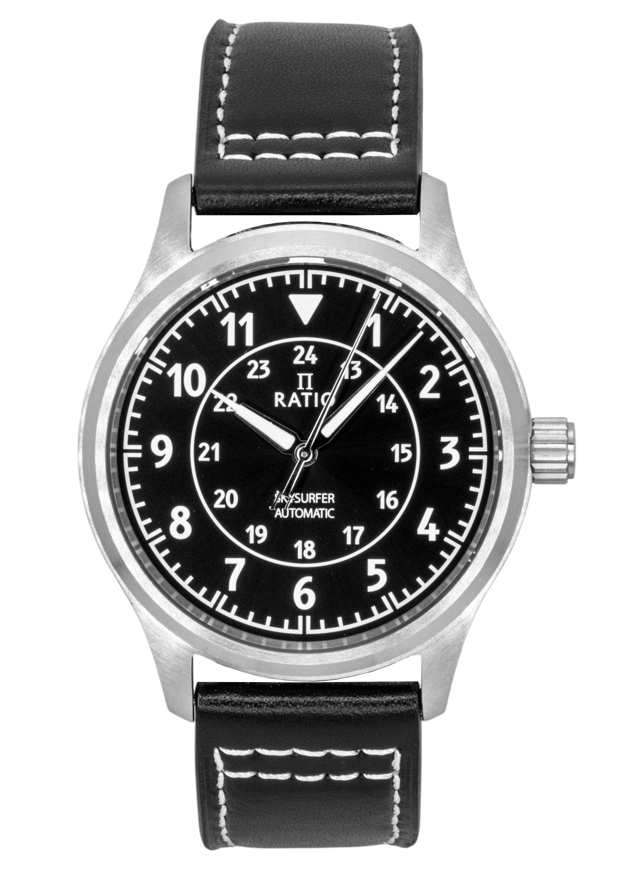 Ratio Skysurfer Pilot Black Sunray Dial Leather Automatic RTS314 200M Men's Watch