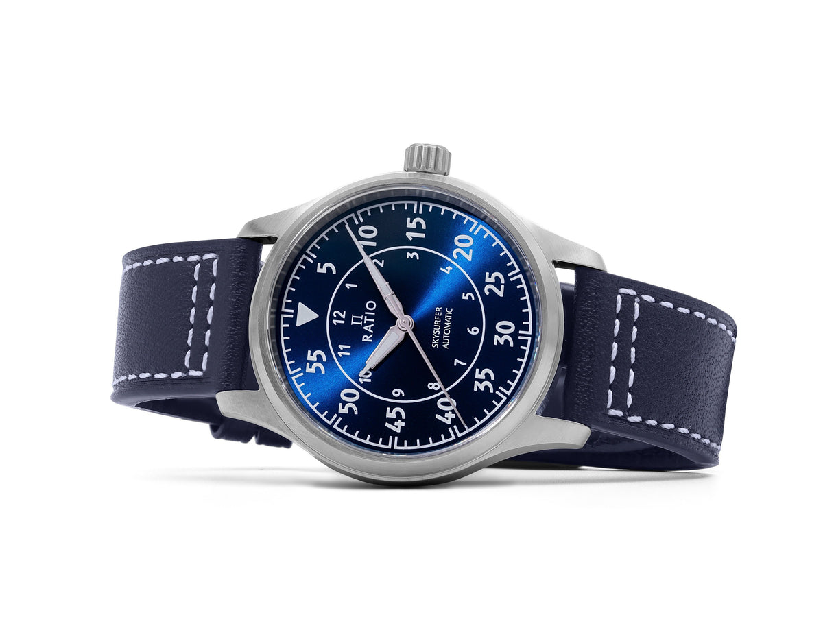 Ratio Skysurfer Pilot Blue Sunray wijzerplaat leer automatisch RTS318 200M herenhorloge