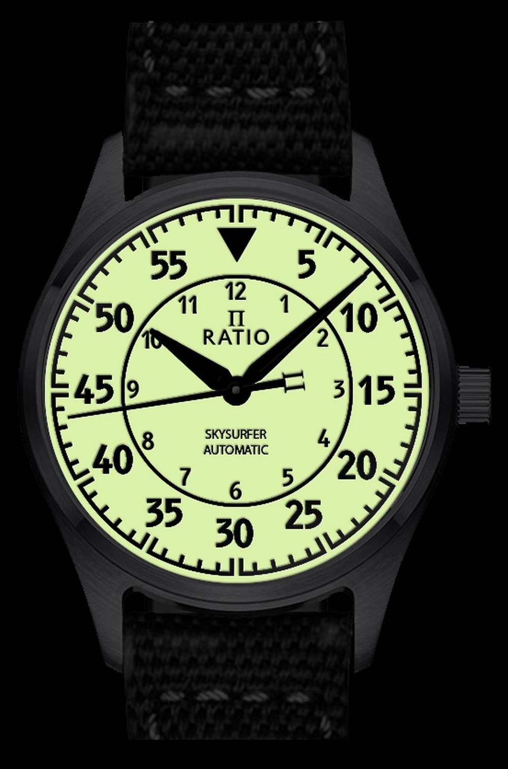 Ratio Skysurfer Pilot volledig lichtgevende wijzerplaat lederen automatisch RTS324 200M herenhorloge