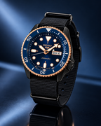 Seiko 5 Sports SBSA098 blue dial black nylon strap product display