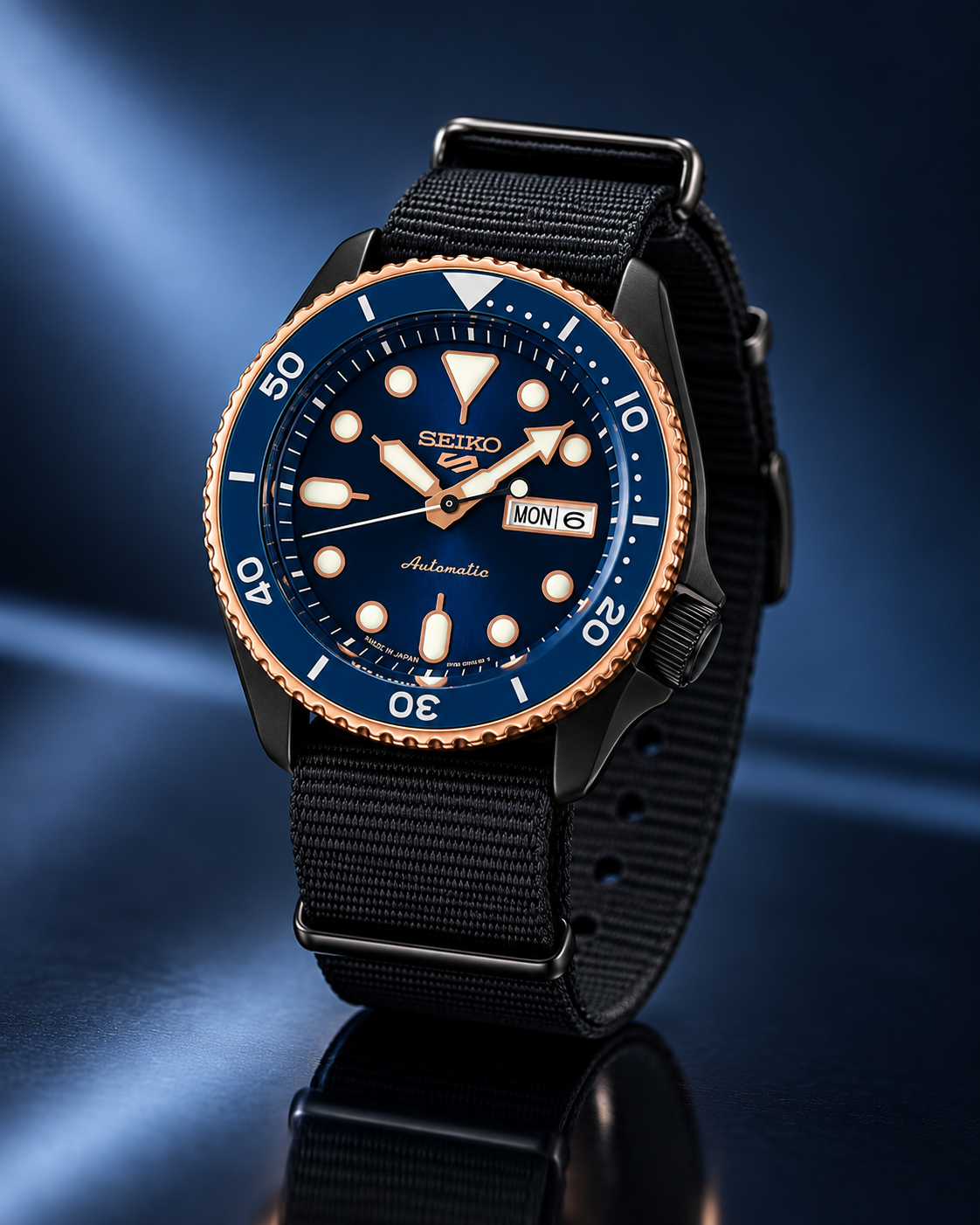 Seiko 5 Sports SBSA098 blue dial black nylon strap product display