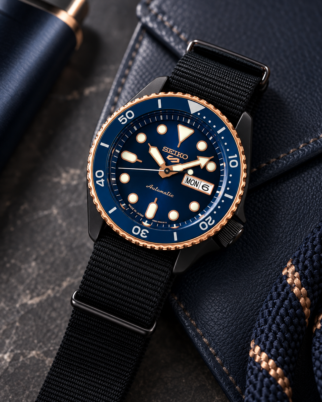 Seiko 5 Sports SBSA098 automatic blue dial lifestyle close-up
