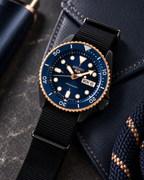 Seiko 5 Sports SBSA098 automatic blue dial lifestyle close-up