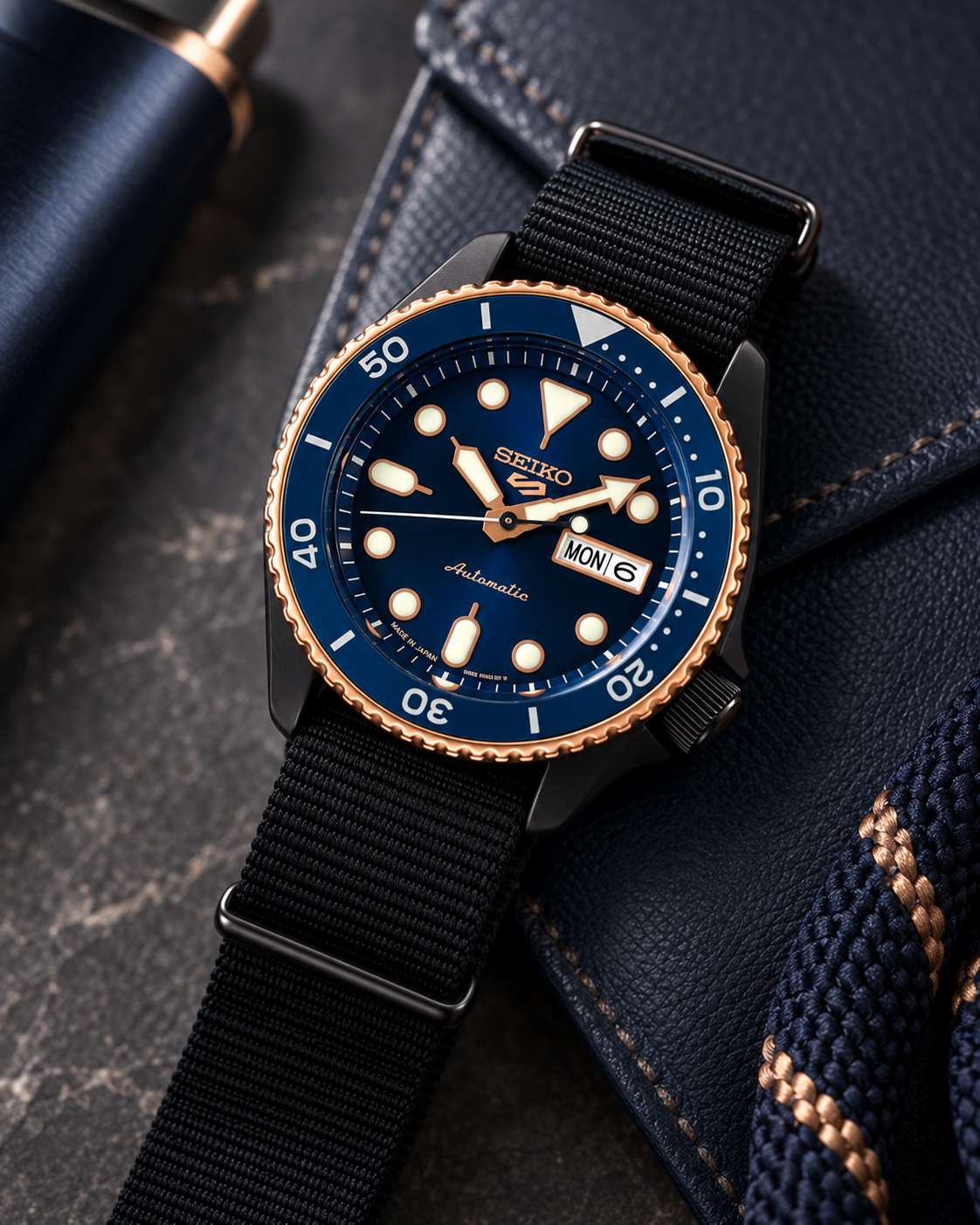 Seiko 5 Sports SBSA098 automatic blue dial lifestyle close-up