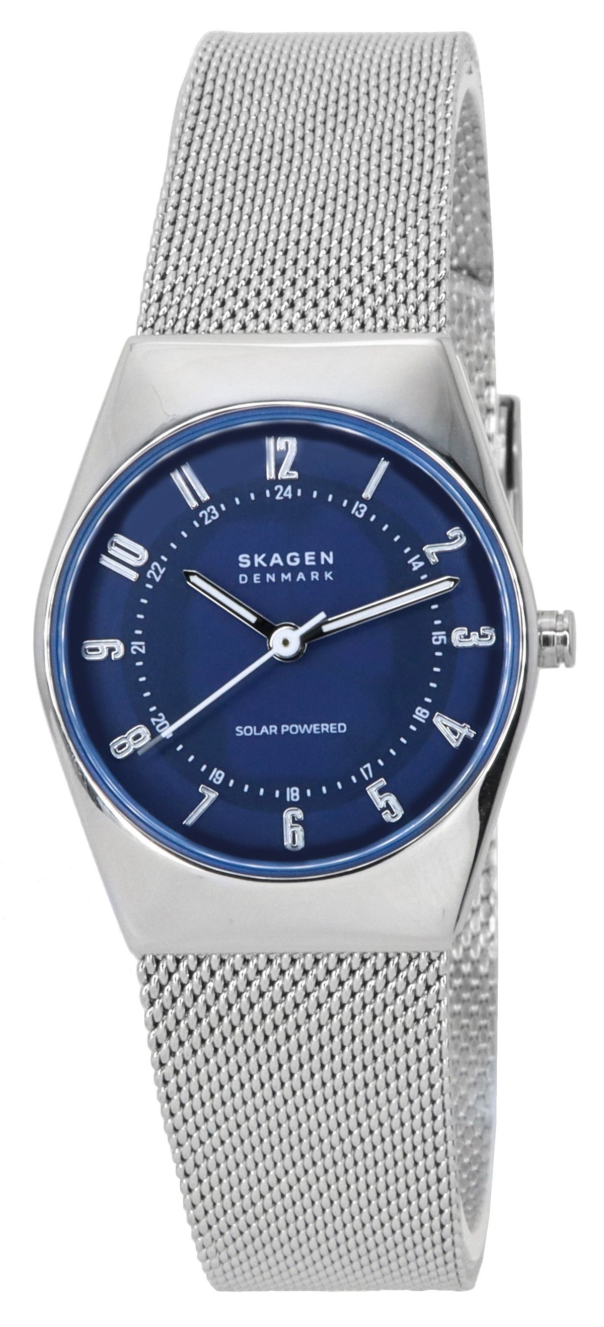Skagen Grenen Lille roestvrijstalen mesh-armband op zonne-energie, blauwe wijzerplaat SKW3080 dameshorloge