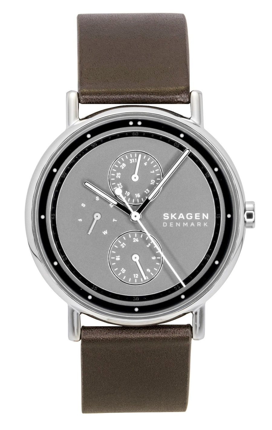 Skagen Signatur Multifunktions-Herrenuhr mit grauem Zifferblatt, Lederarmband und Quarzwerk SKW6941