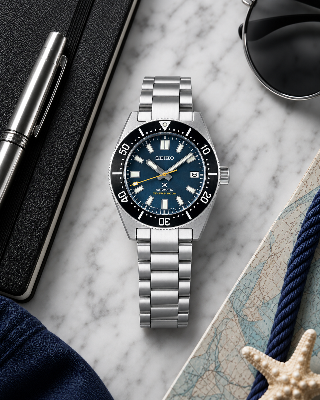 Seiko Prospex SPB149J1 automatic diver watch nautical flat lay