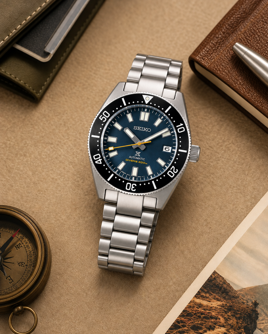Seiko Prospex SPB149J1 automatic diver watch travel flat lay