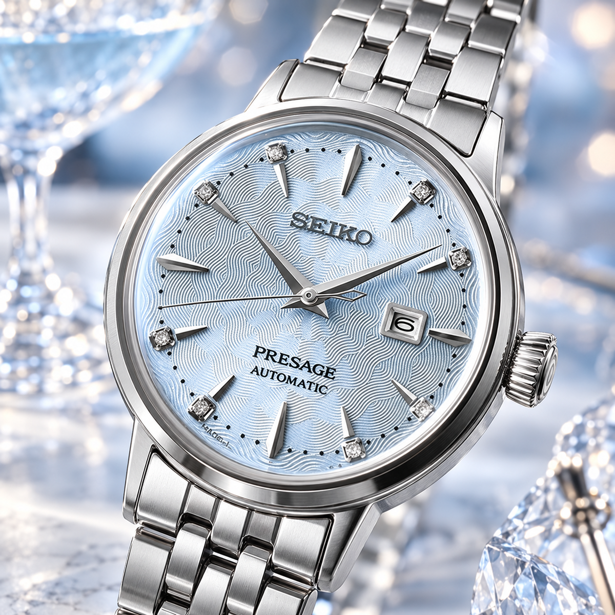 Seiko Presage SRE007J1 icy blue dial macro